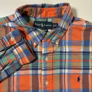 Vintage Ralph Lauren Flannel Shirt XL Orange Blue Plaid Custom Fit Long Sleeve